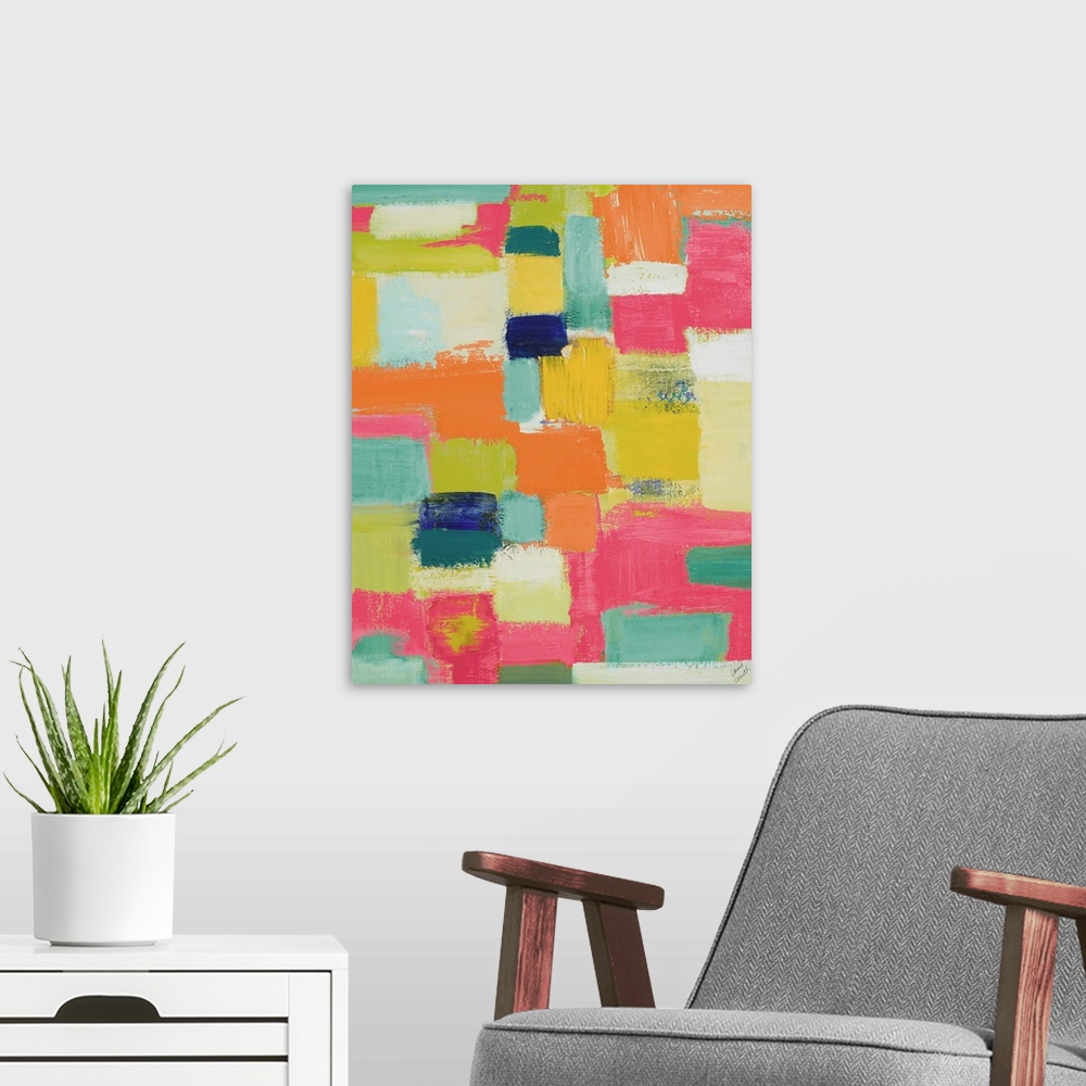 A modern room featuring Bright and vivid abstract painting.