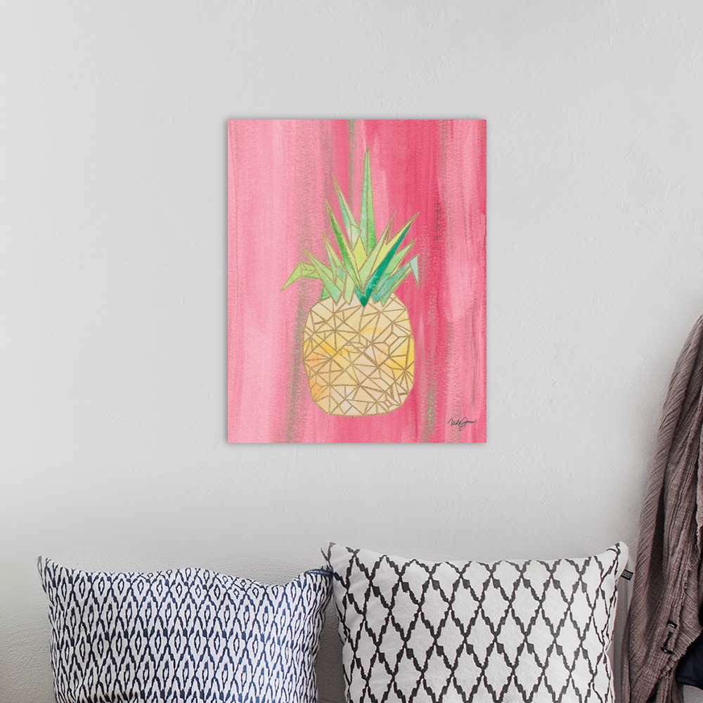 A bohemian room featuring Watercolor painting of a pineapple created with metallic gold geometric shapes on a pink background.