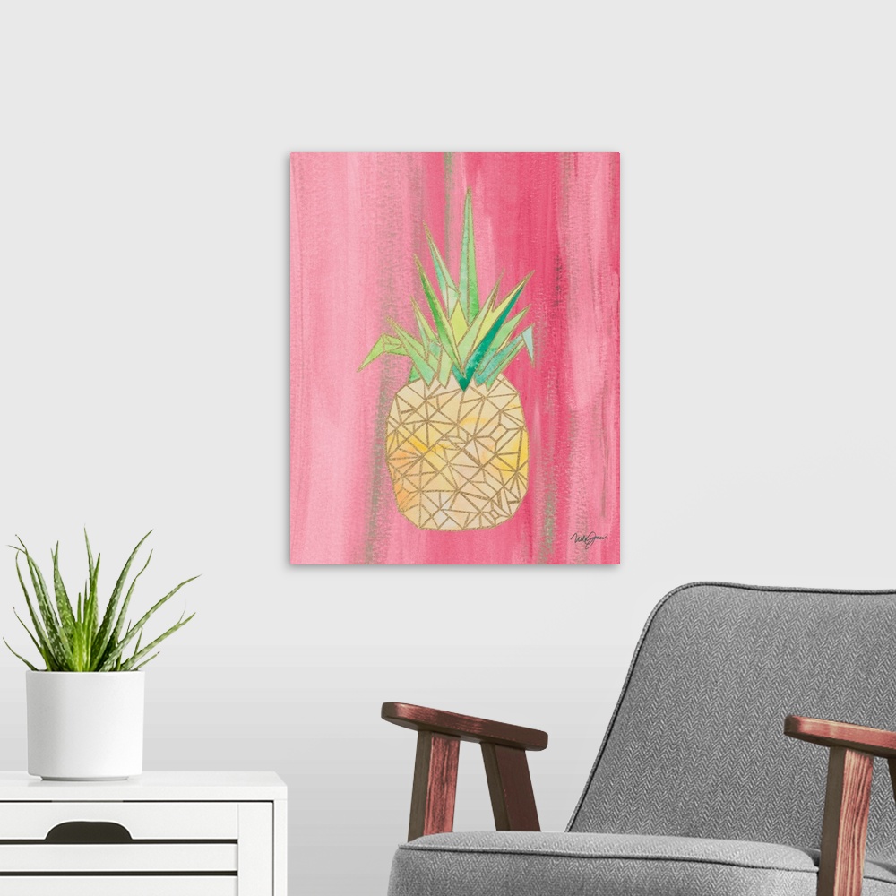 A modern room featuring Watercolor painting of a pineapple created with metallic gold geometric shapes on a pink background.