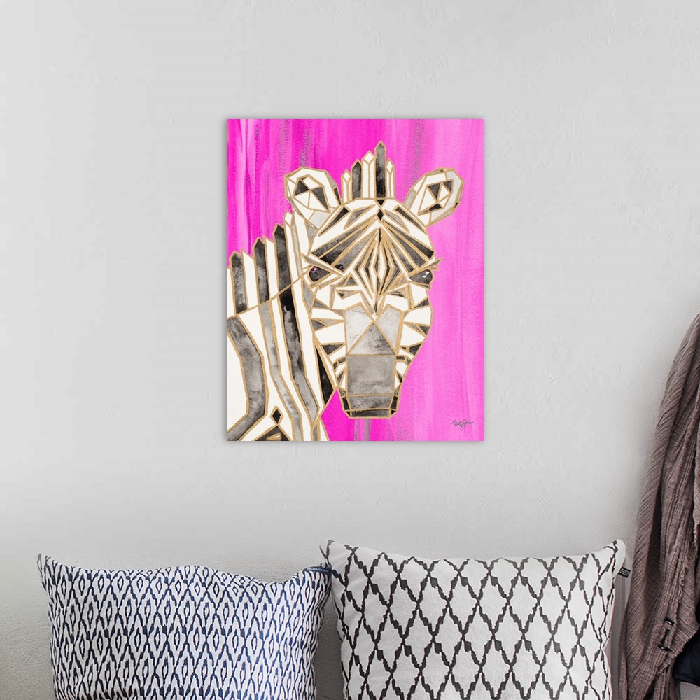 A bohemian room featuring Watercolor painting of a zebra created with metallic gold geometric shapes on a bright pink backg...