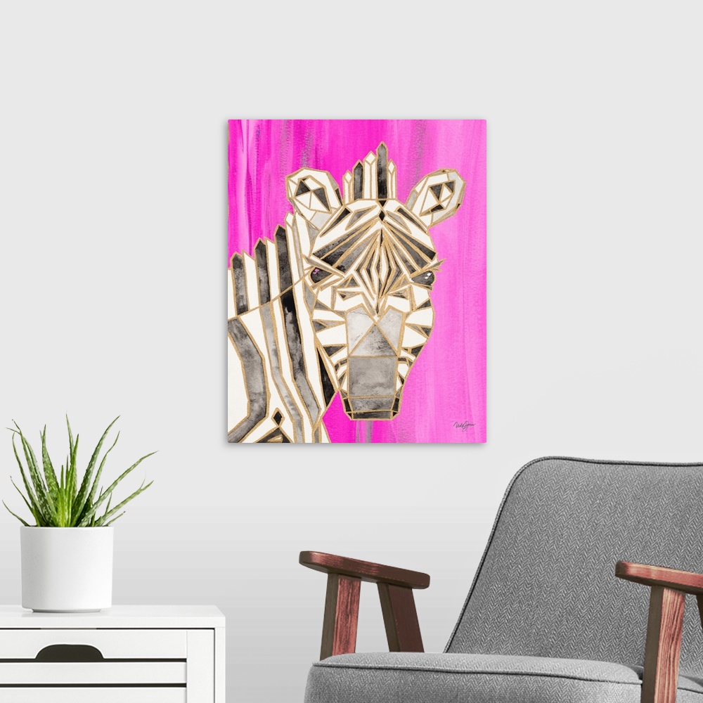A modern room featuring Watercolor painting of a zebra created with metallic gold geometric shapes on a bright pink backg...