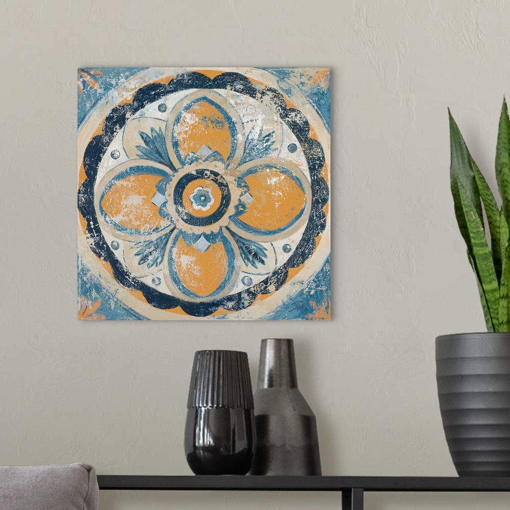 A modern room featuring A decorative antique style painting of a medallion with a floral design.