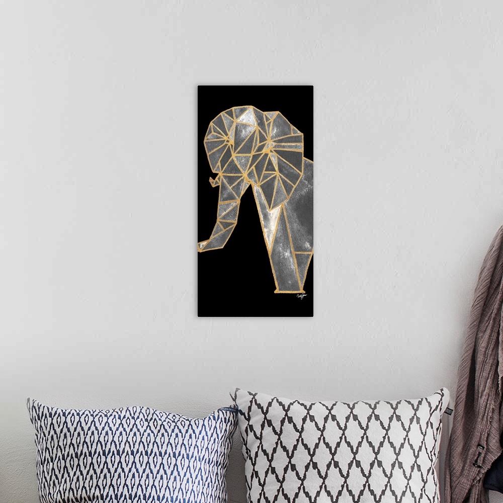 A bohemian room featuring Abstract elephant created with metallic gold geometric shapes on a solid black background.