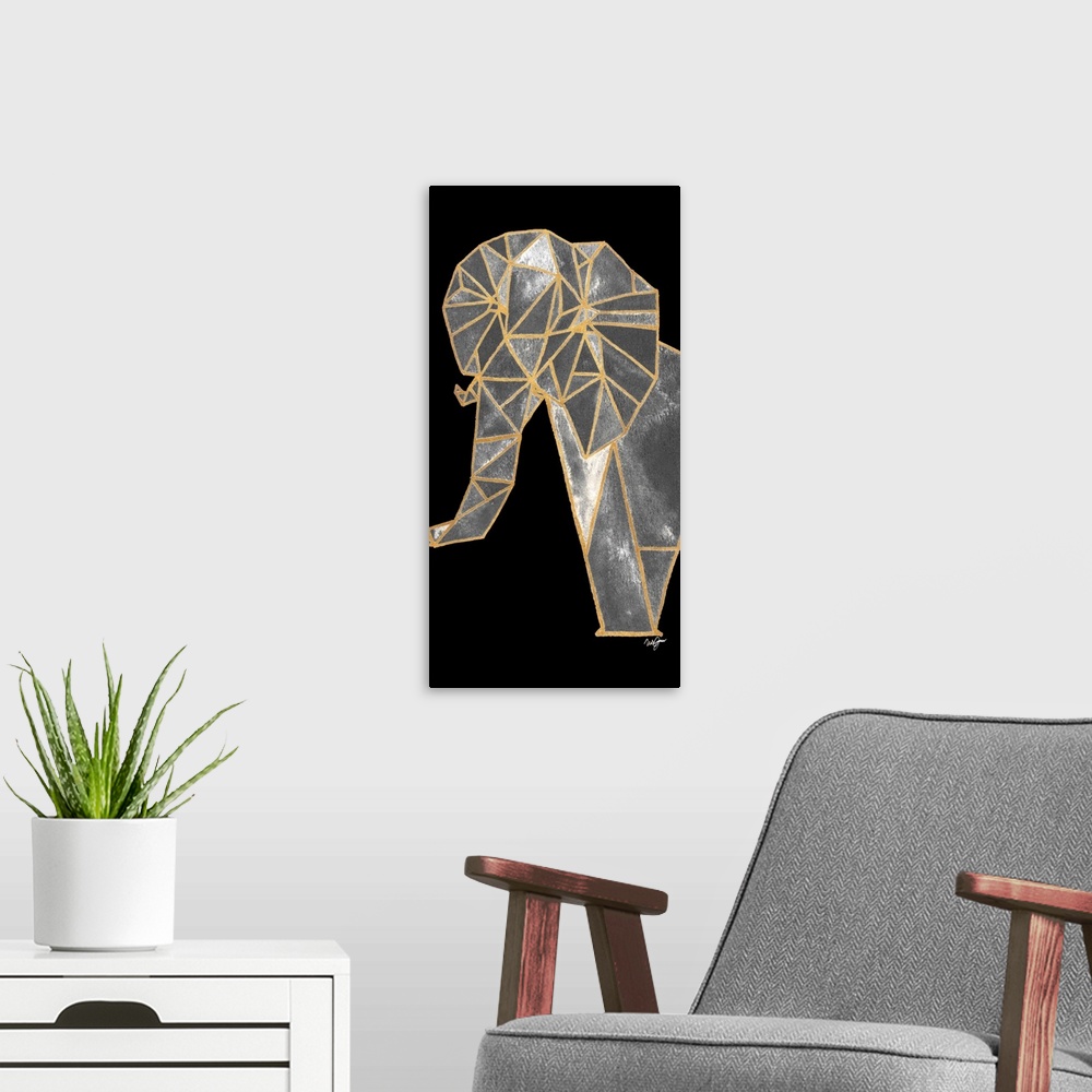 A modern room featuring Abstract elephant created with metallic gold geometric shapes on a solid black background.