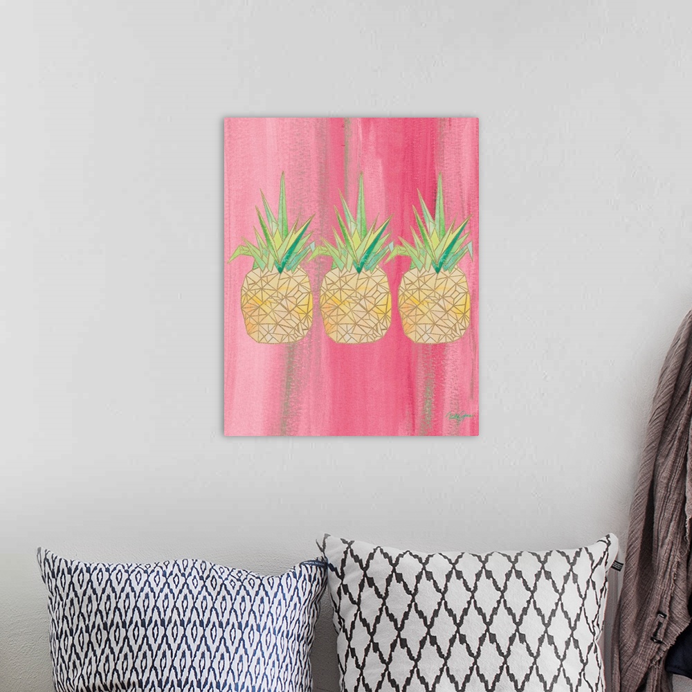 A bohemian room featuring Painting of three pineapples created with metallic gold geometric shapes on a pink background.