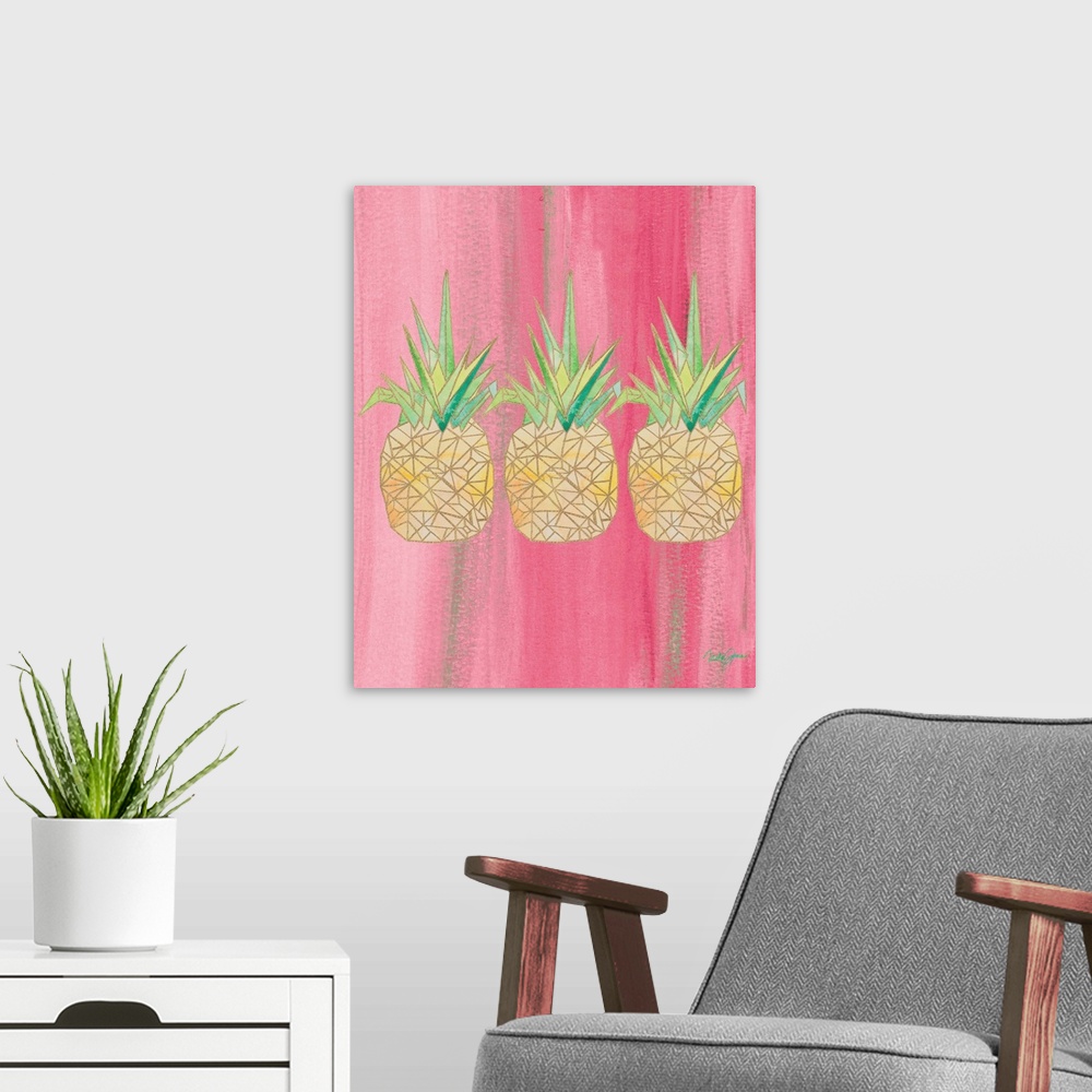 A modern room featuring Painting of three pineapples created with metallic gold geometric shapes on a pink background.