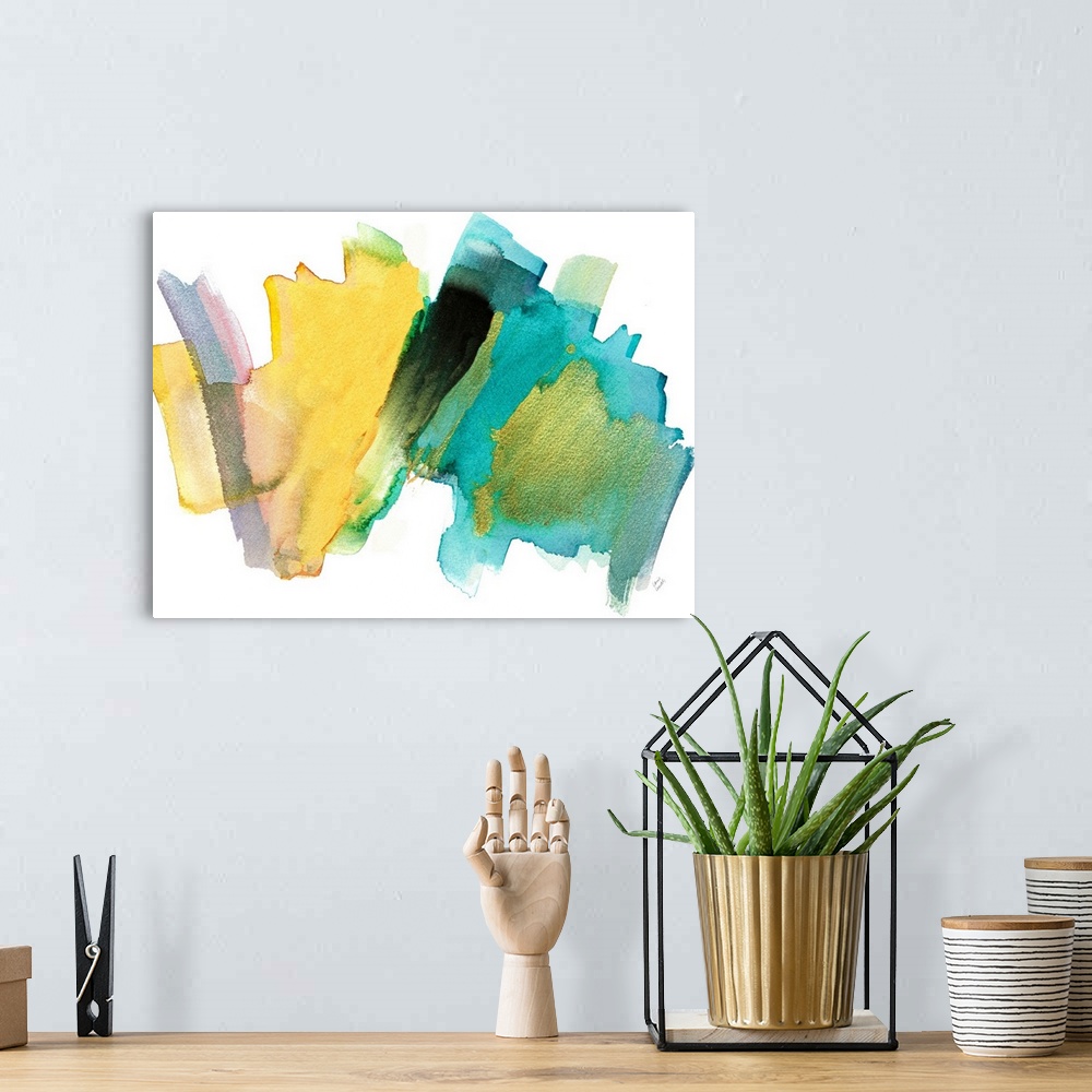 A bohemian room featuring Yellow and blue brush strokes decorate a horizontal abstract artwork.