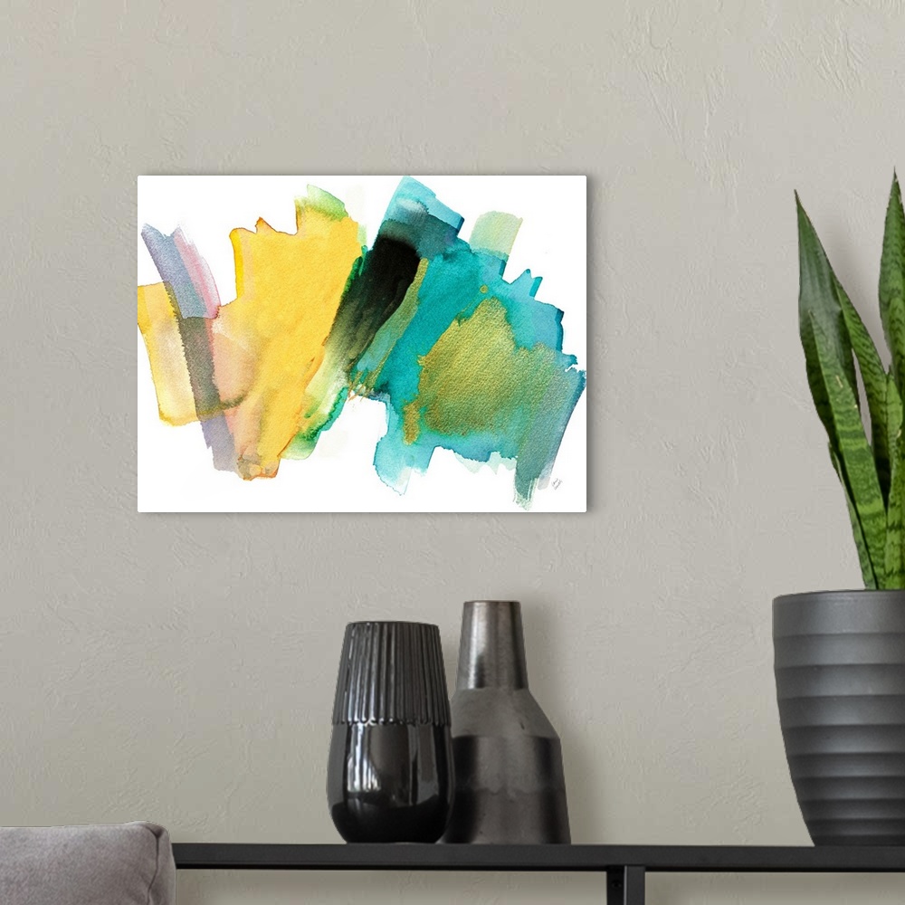A modern room featuring Yellow and blue brush strokes decorate a horizontal abstract artwork.