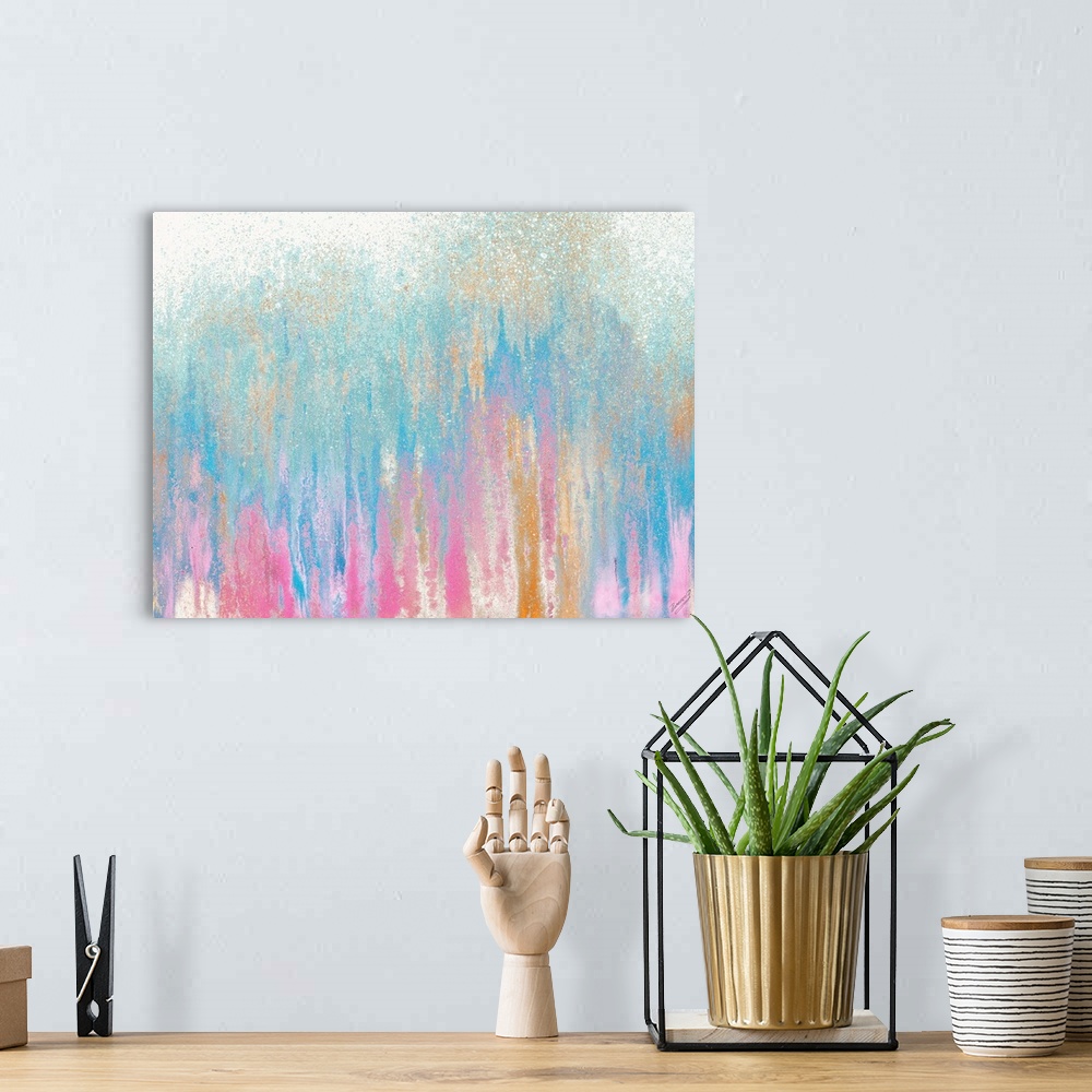 A bohemian room featuring Abstract painting with streaks and platters, resembling a forest.