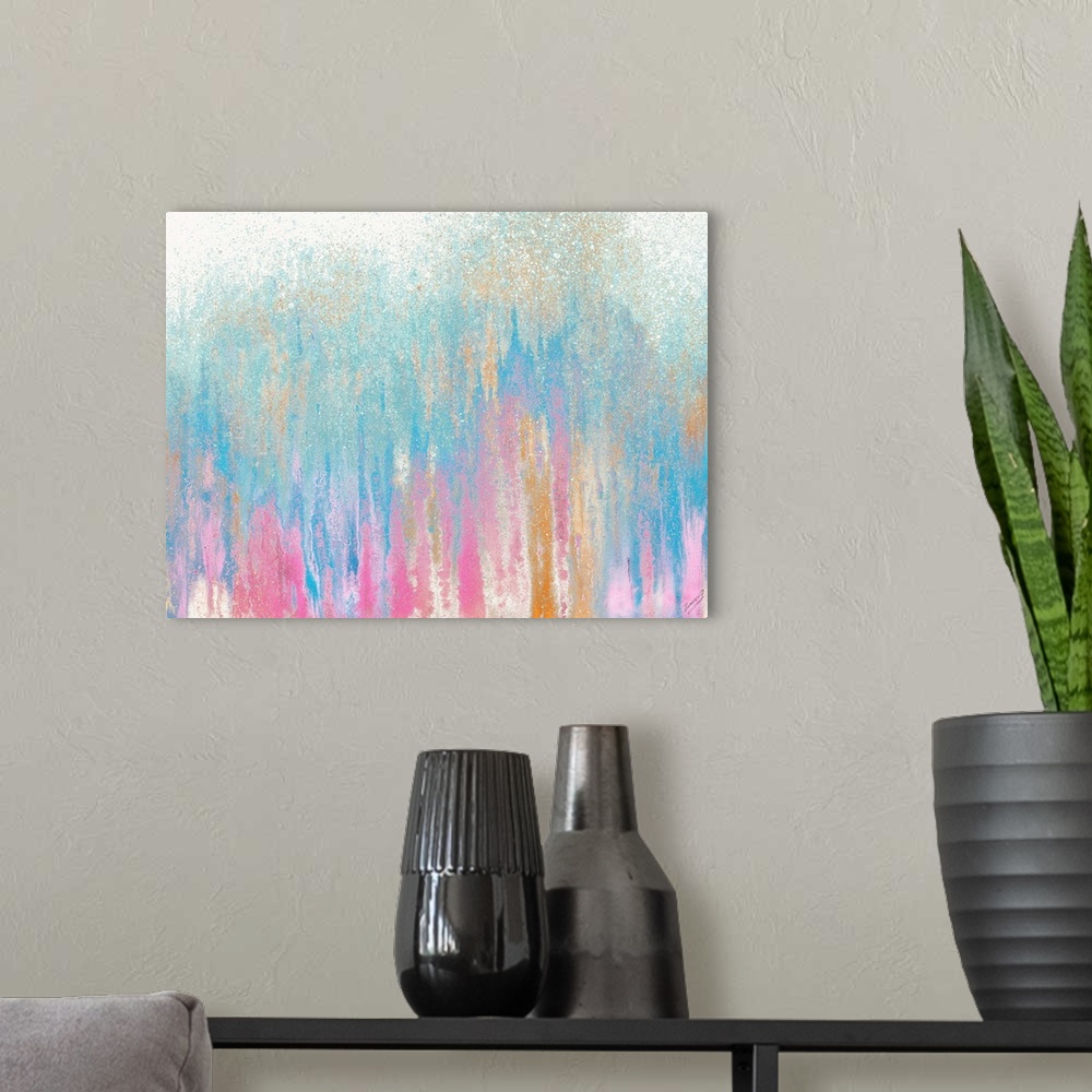 A modern room featuring Abstract painting with streaks and platters, resembling a forest.