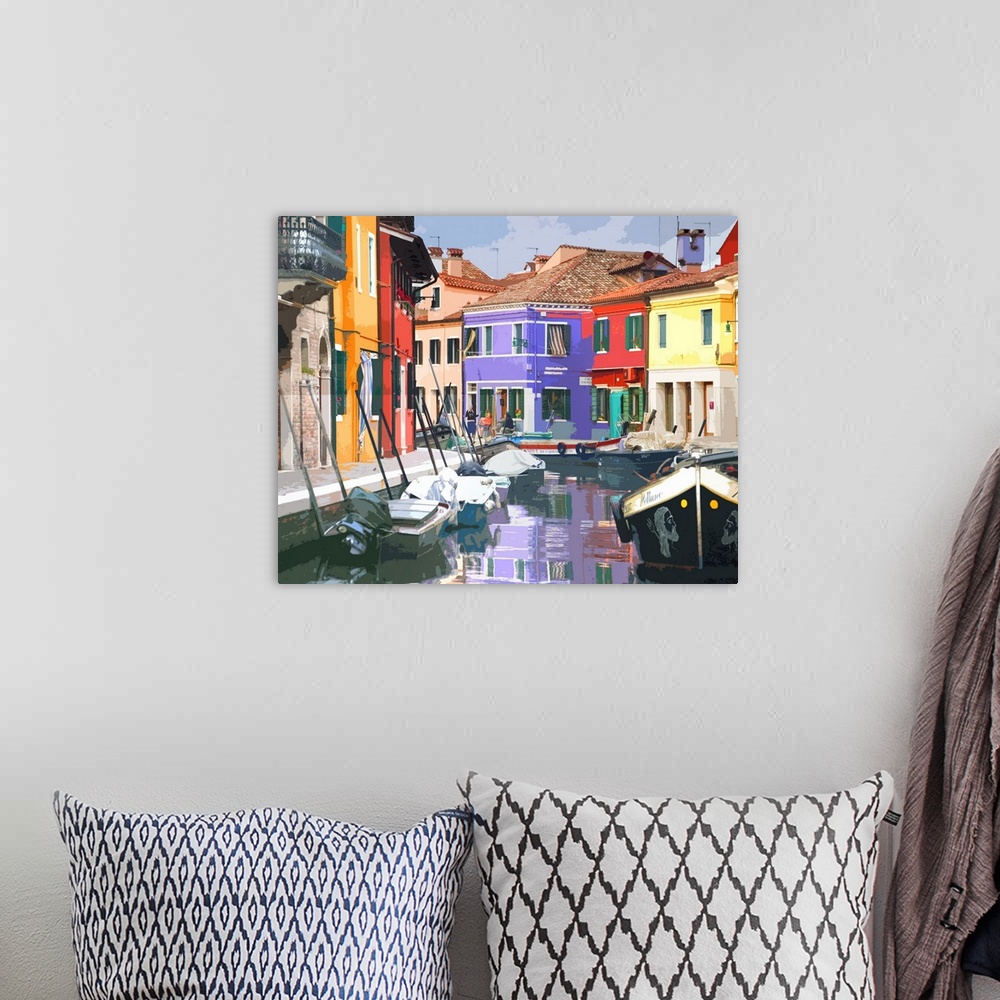 A bohemian room featuring Filtered photo of a back canal in Venice lined with colorful houses and boats.