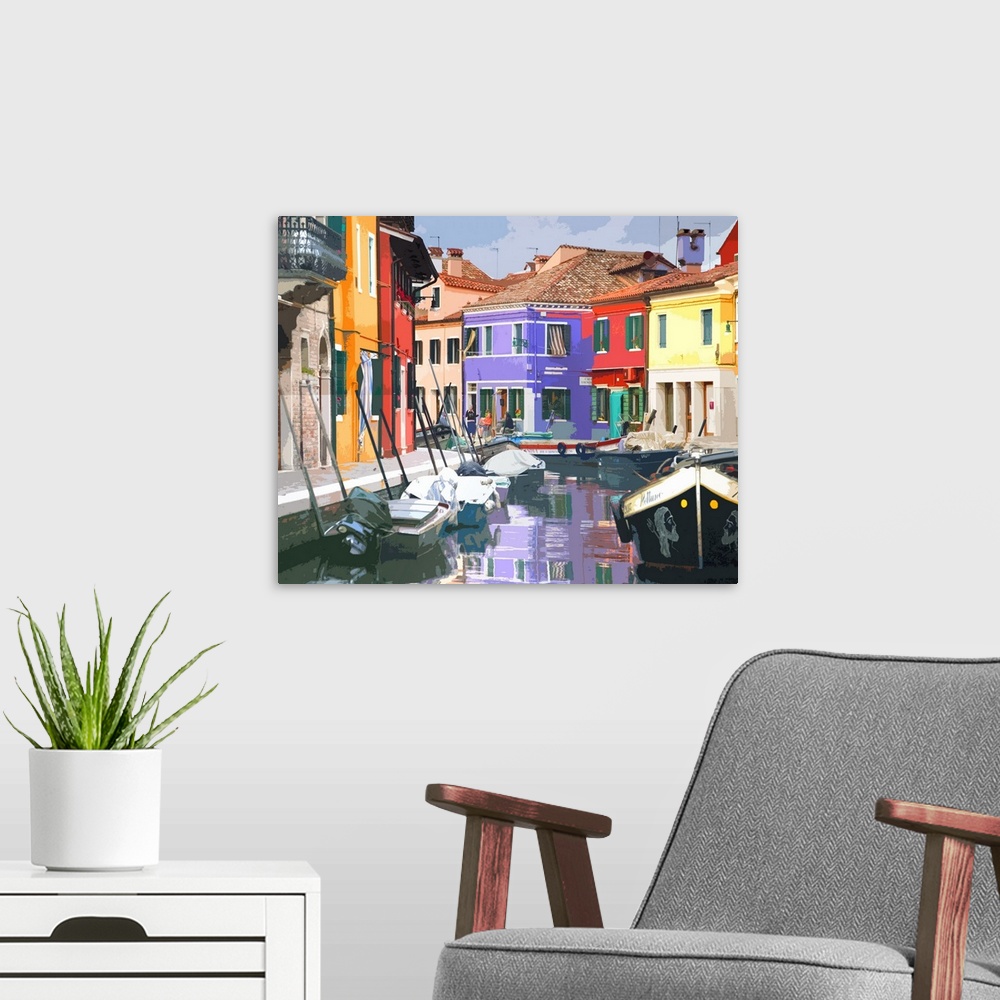 A modern room featuring Filtered photo of a back canal in Venice lined with colorful houses and boats.