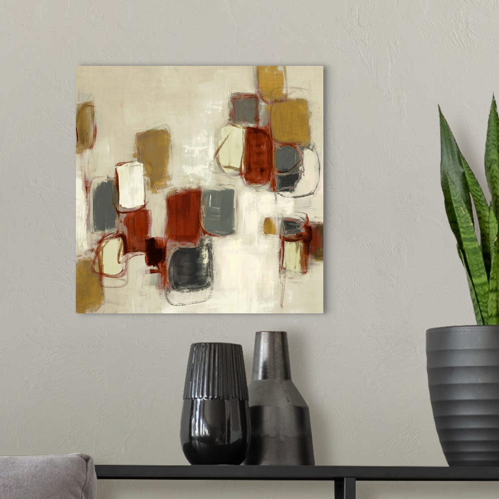 A modern room featuring Patches of colored squares on a stark background are featured in this abstract painting by Lanie ...