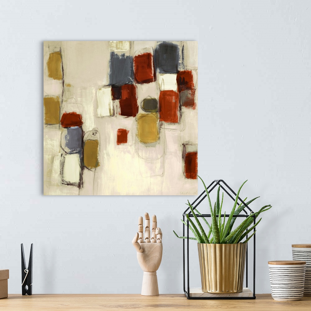 A bohemian room featuring Square abstract painting on canvas of various colored brushstrokes.