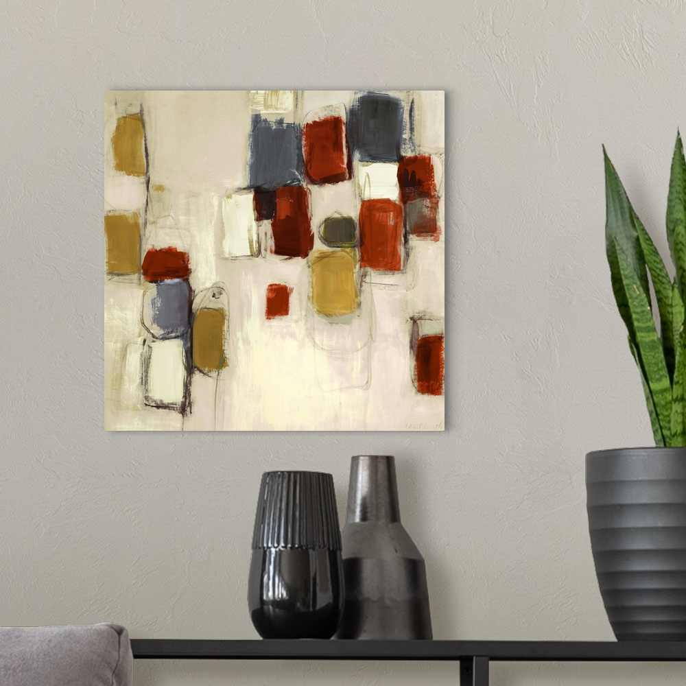 A modern room featuring Square abstract painting on canvas of various colored brushstrokes.