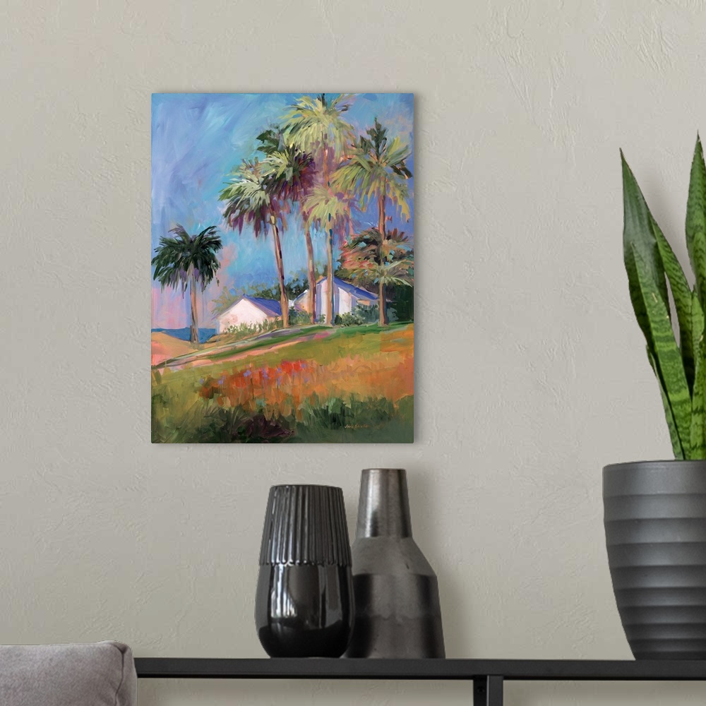 A modern room featuring Contemporary painting of a house surrounded by tall palm trees on the coast.