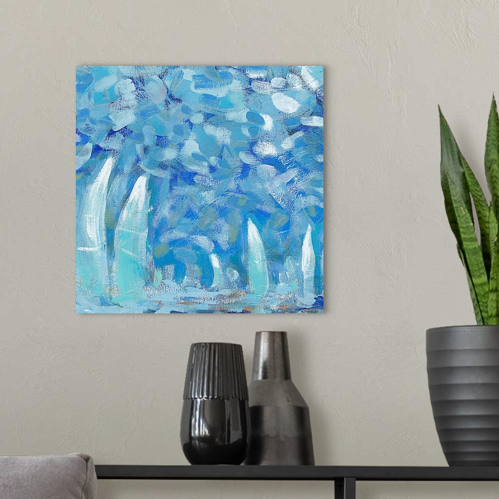 A modern room featuring Abstract artwork that has dashes of different shaded blues to depict the sky and below it several...