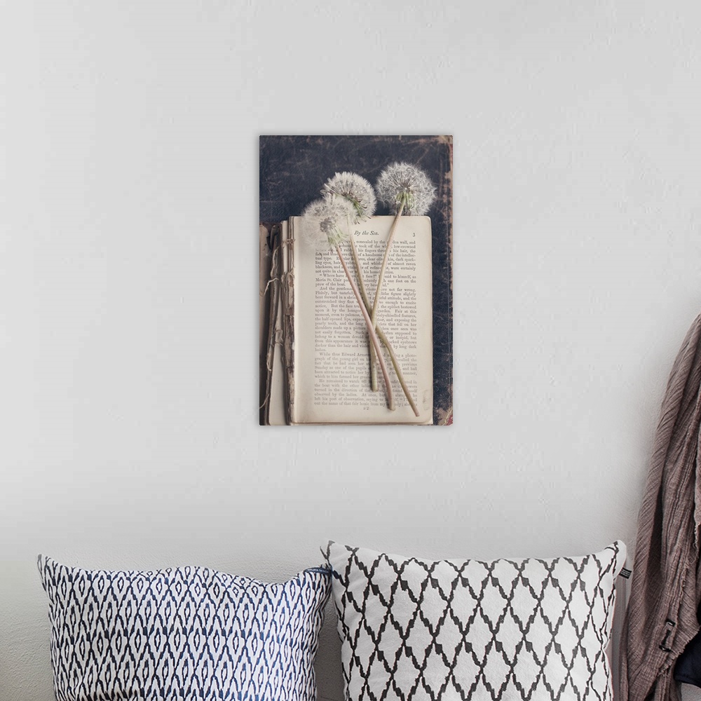 A bohemian room featuring A photograph of three dandelions on top of a vintage book.