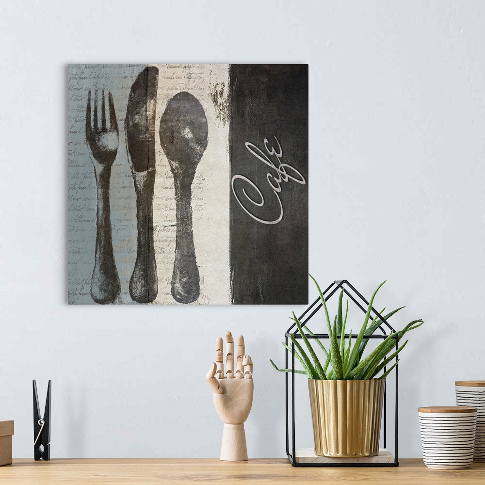 A bohemian room featuring Docor perfect for the kitchen of three large utensils painted on a pale blue and cream background.