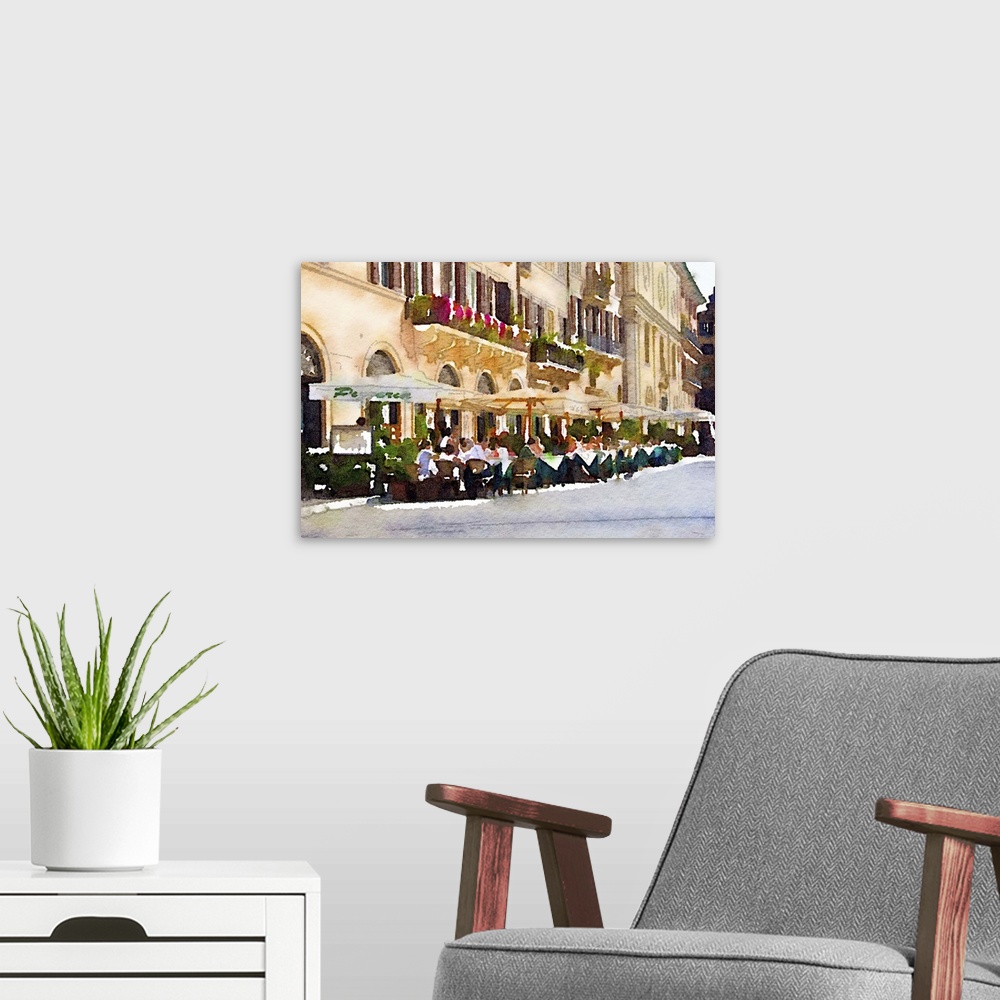 A modern room featuring Watercolor-style image of people dining outdoors in a cafe in Italy.