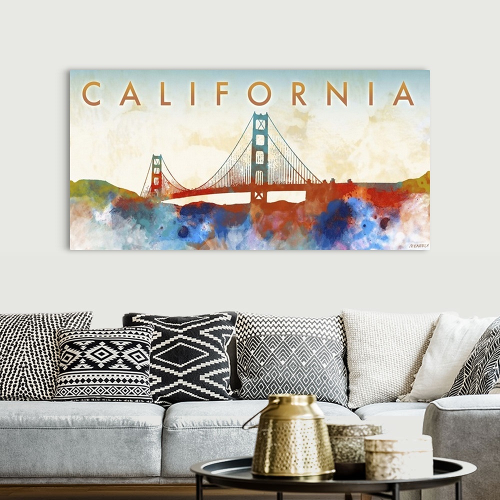 A bohemian room featuring Watercolor-style silhouette of the Golden Gate bridge and the text "California."
