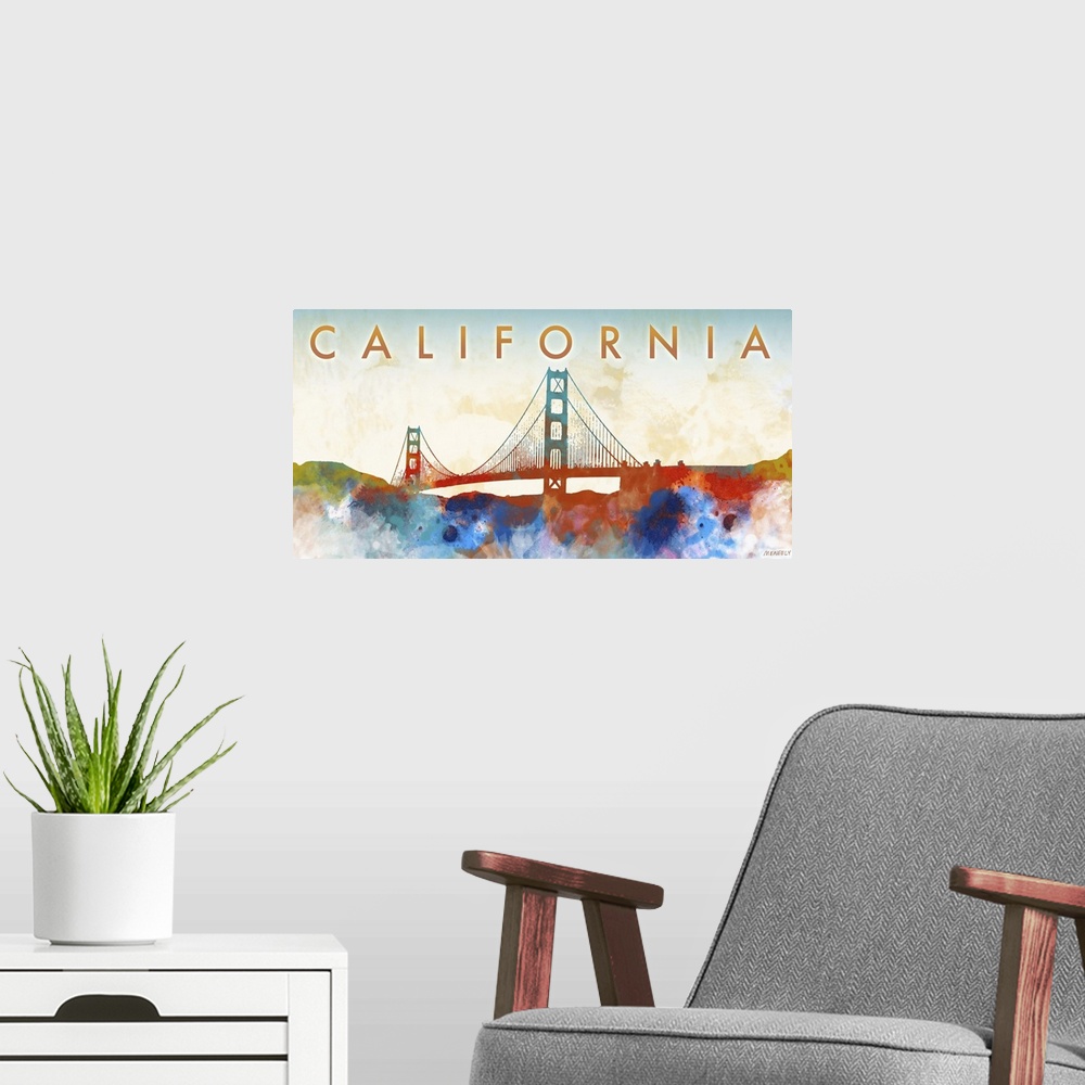 A modern room featuring Watercolor-style silhouette of the Golden Gate bridge and the text "California."