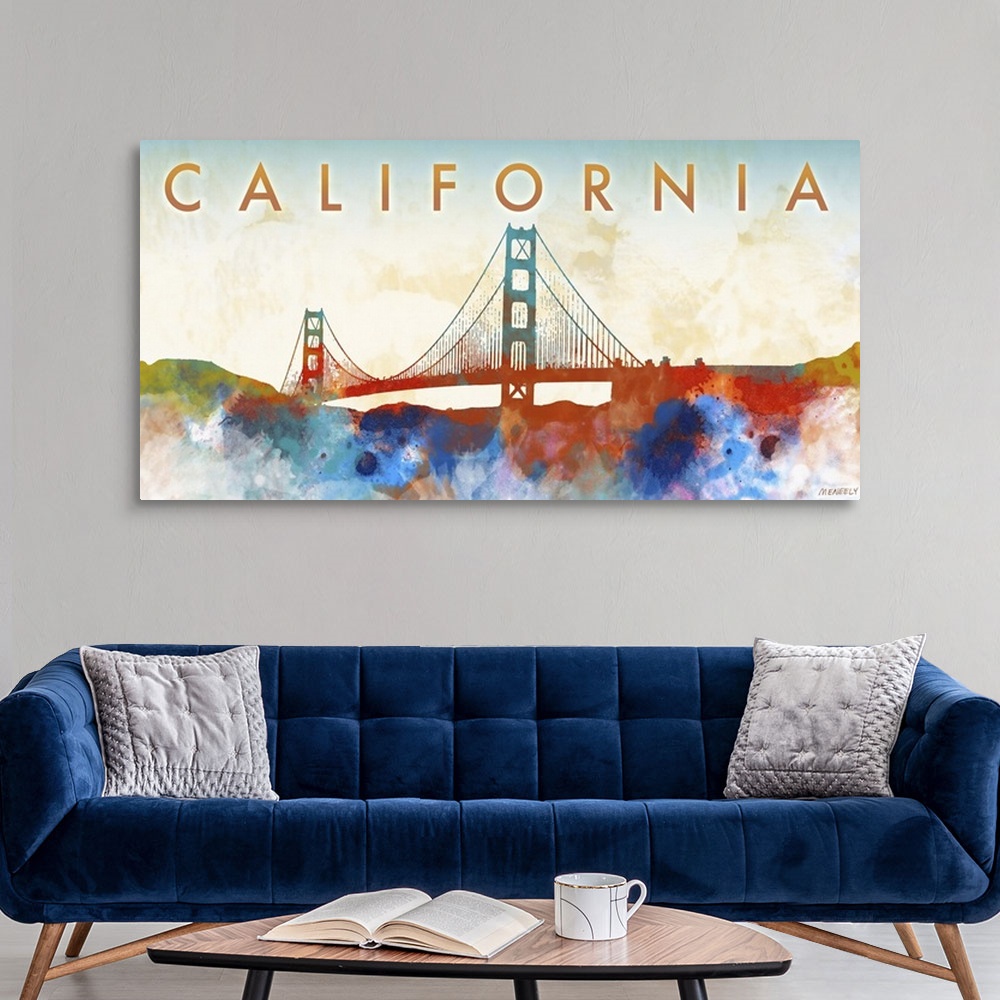 A modern room featuring Watercolor-style silhouette of the Golden Gate bridge and the text "California."