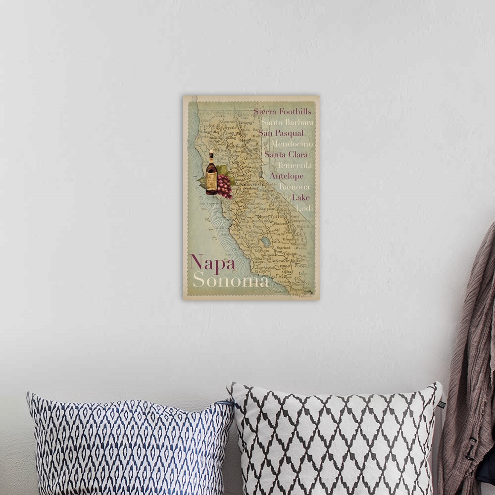 A bohemian room featuring A map of California with wine tourism locations, including Napa and Sonoma.