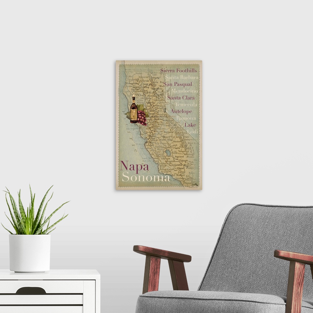 A modern room featuring A map of California with wine tourism locations, including Napa and Sonoma.