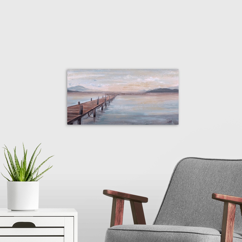 A modern room featuring Contemporary painting of a long pier on Lake Placid with mountains in the background in hues of b...