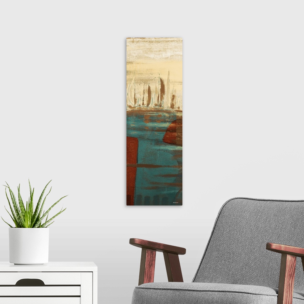 A modern room featuring Abstract contemporary artwork of boats with tall sails on the water.