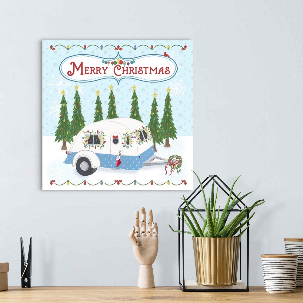 A bohemian room featuring Square illustration of a camper parked in the snow in front of Christmas trees decorated for Chri...