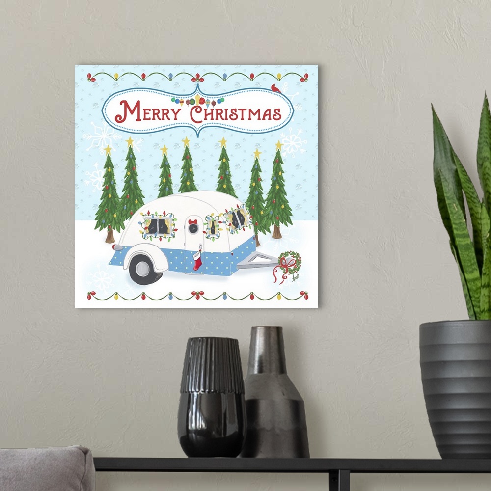 A modern room featuring Square illustration of a camper parked in the snow in front of Christmas trees decorated for Chri...