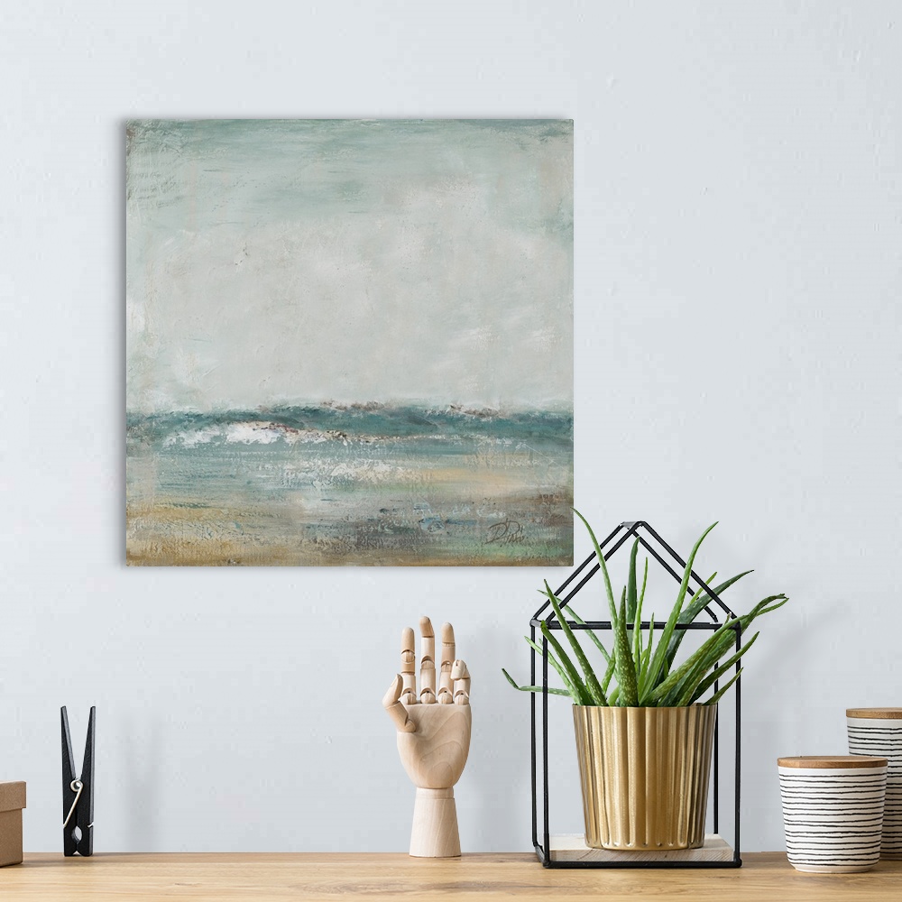 A bohemian room featuring A contemporary abstract painting of the beach in Cape Cod.