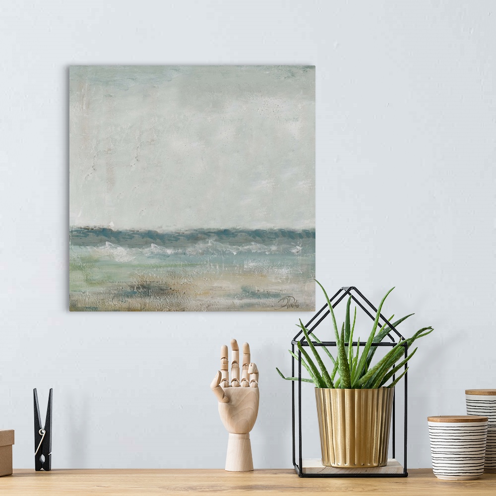 A bohemian room featuring A contemporary abstract painting of the beach in Cape Cod.