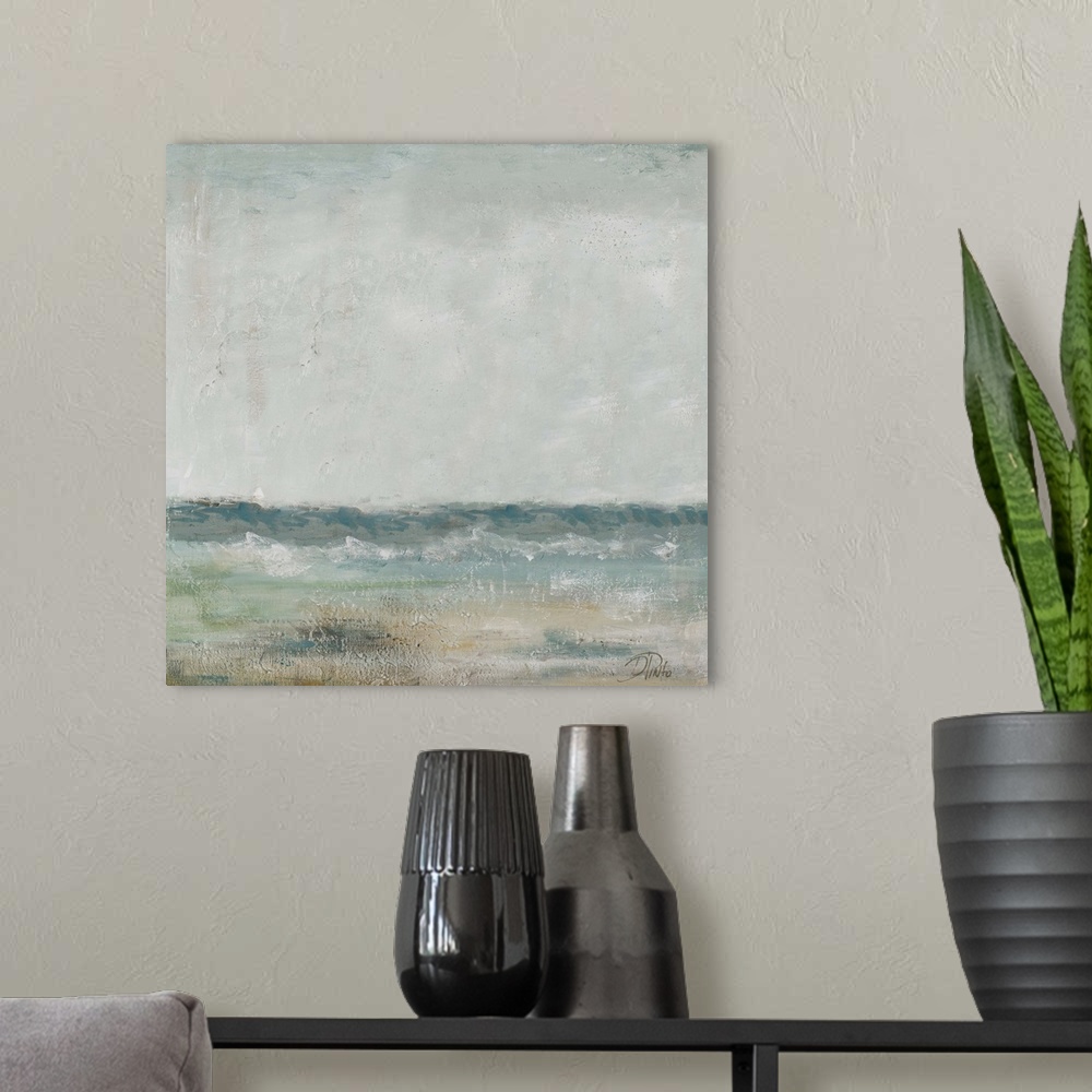 A modern room featuring A contemporary abstract painting of the beach in Cape Cod.