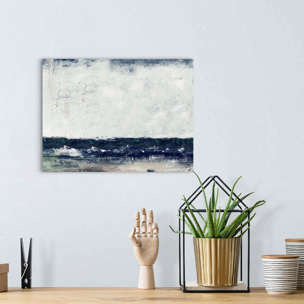 A bohemian room featuring A contemporary abstract painting of the ocean at Cape Cod with dark blues and an overcast sky.