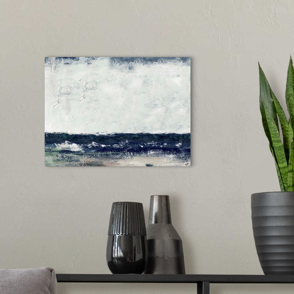 A modern room featuring A contemporary abstract painting of the ocean at Cape Cod with dark blues and an overcast sky.