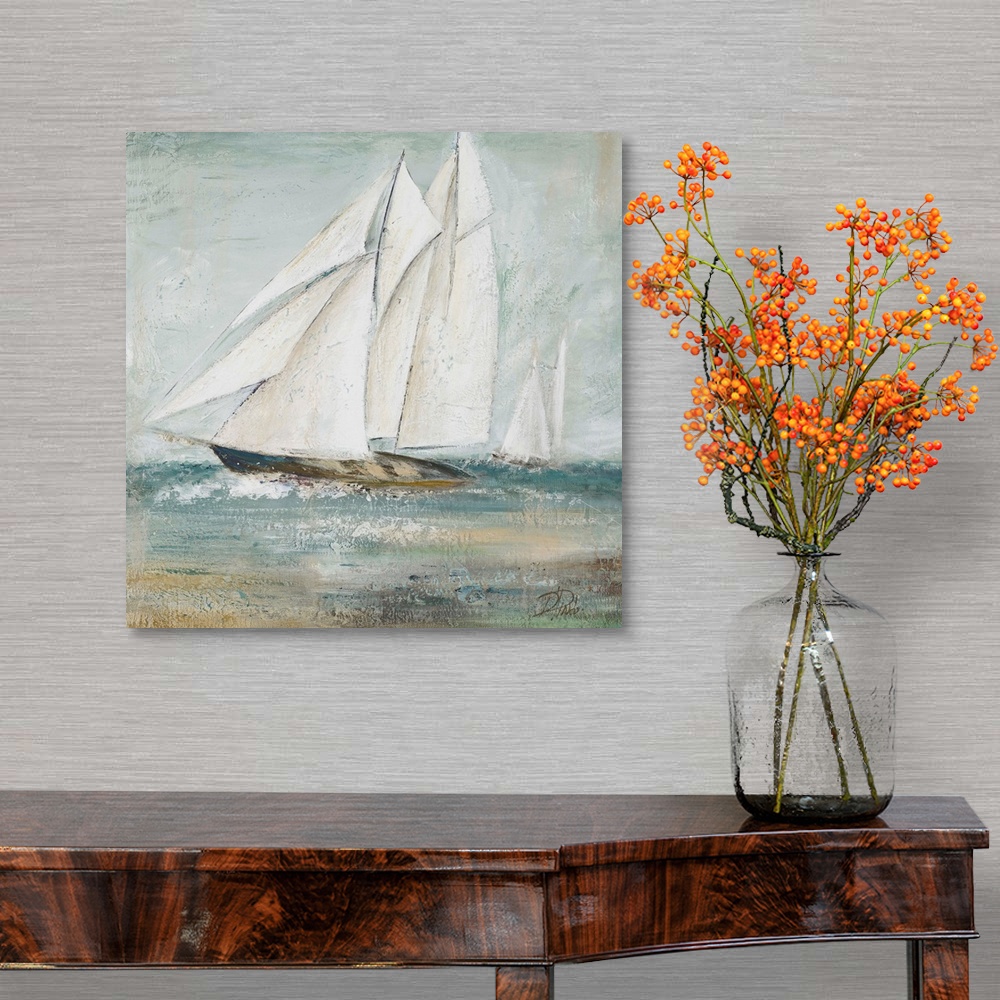 A traditional room featuring Painting of a sailboat gracefully traversing the seas.