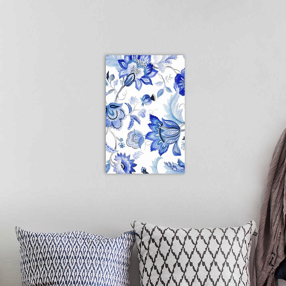 A bohemian room featuring Contemporary blue floral pattern against a white background.