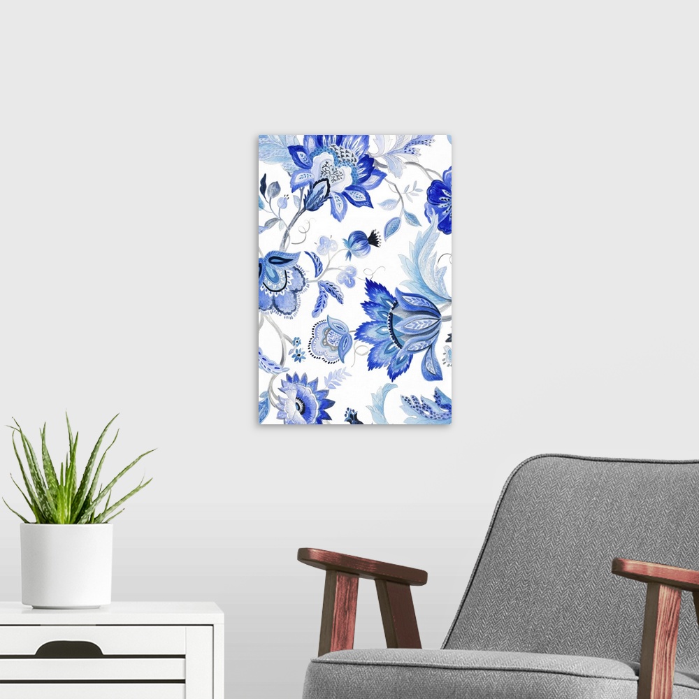 A modern room featuring Contemporary blue floral pattern against a white background.
