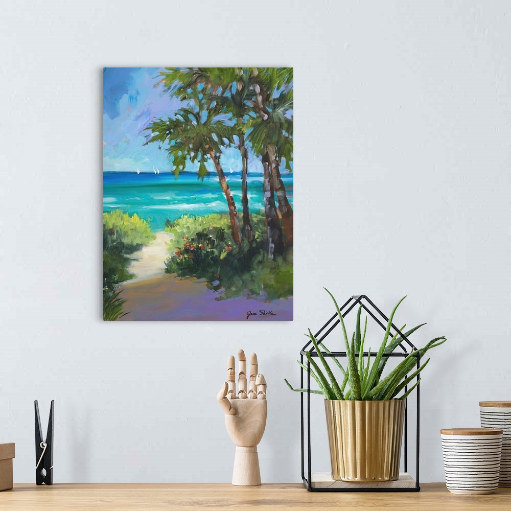 A bohemian room featuring Contemporary artwork of a group of palm  trees by a sandy path leading to the ocean.