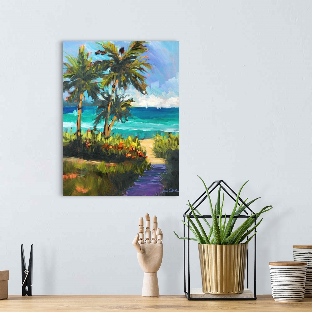 A bohemian room featuring Contemporary artwork of a group of palm  trees by a sandy path leading to the ocean.