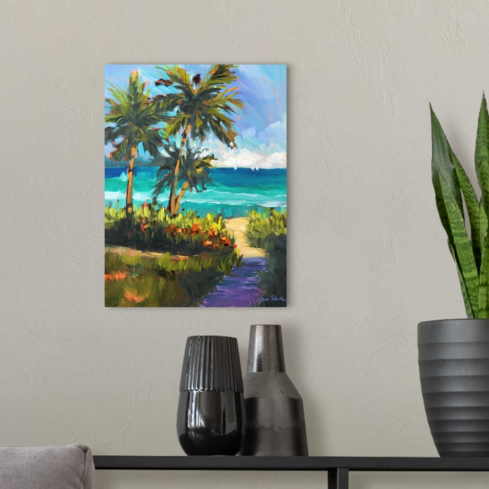 A modern room featuring Contemporary artwork of a group of palm  trees by a sandy path leading to the ocean.