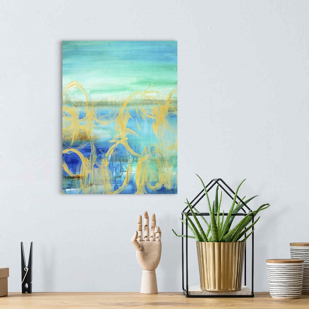 A bohemian room featuring Contemporary abstract painting using vibrant blue and green tones, with gold swirling circles.