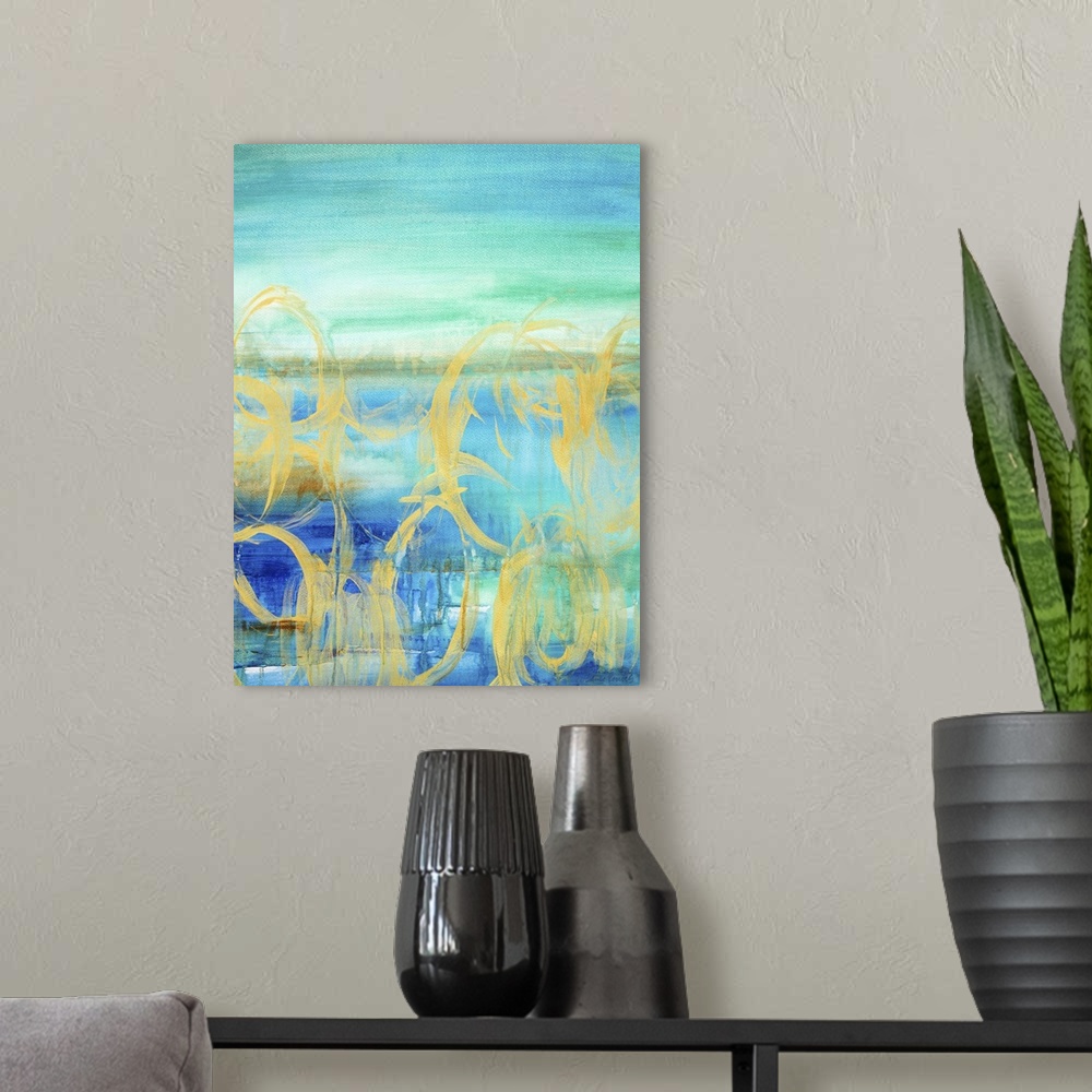 A modern room featuring Contemporary abstract painting using vibrant blue and green tones, with gold swirling circles.