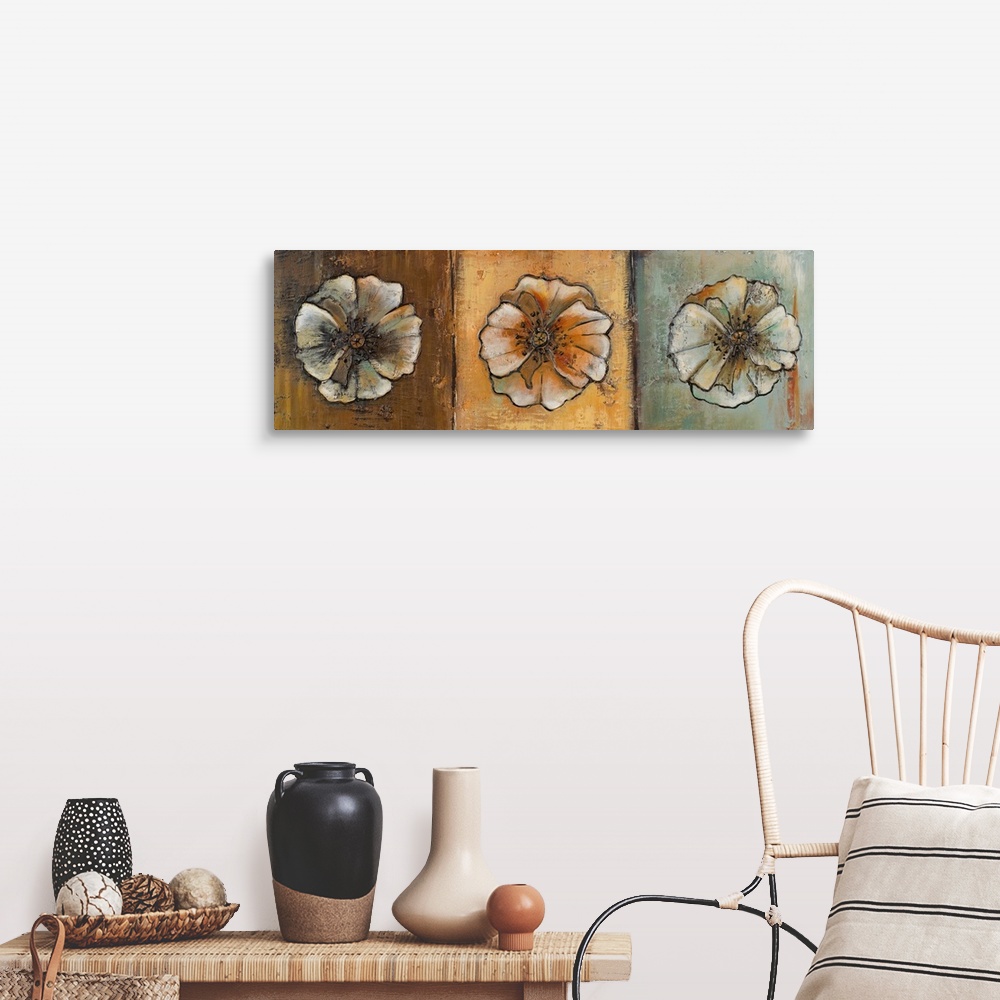 A farmhouse room featuring Oil painting of three round flowers in sepia tones, arranged in a row, giving the impression of a...