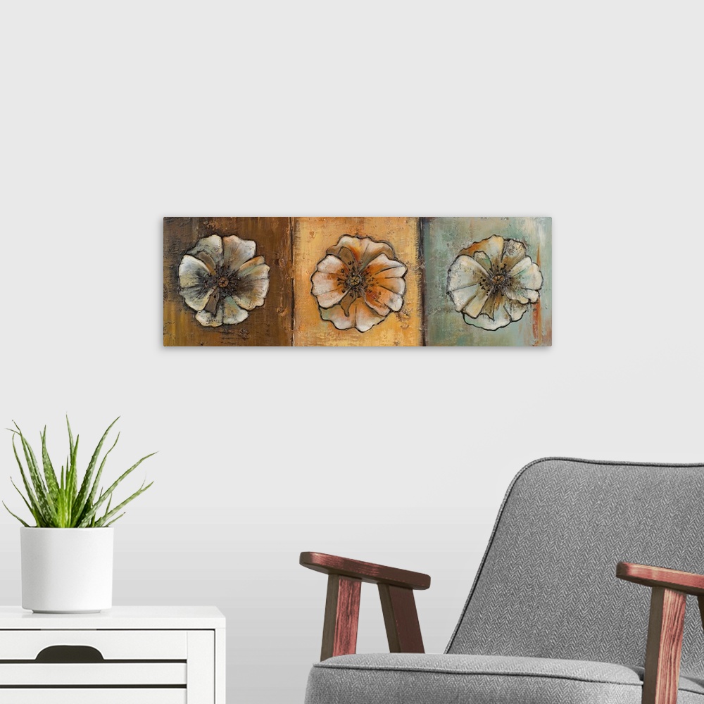 A modern room featuring Oil painting of three round flowers in sepia tones, arranged in a row, giving the impression of a...