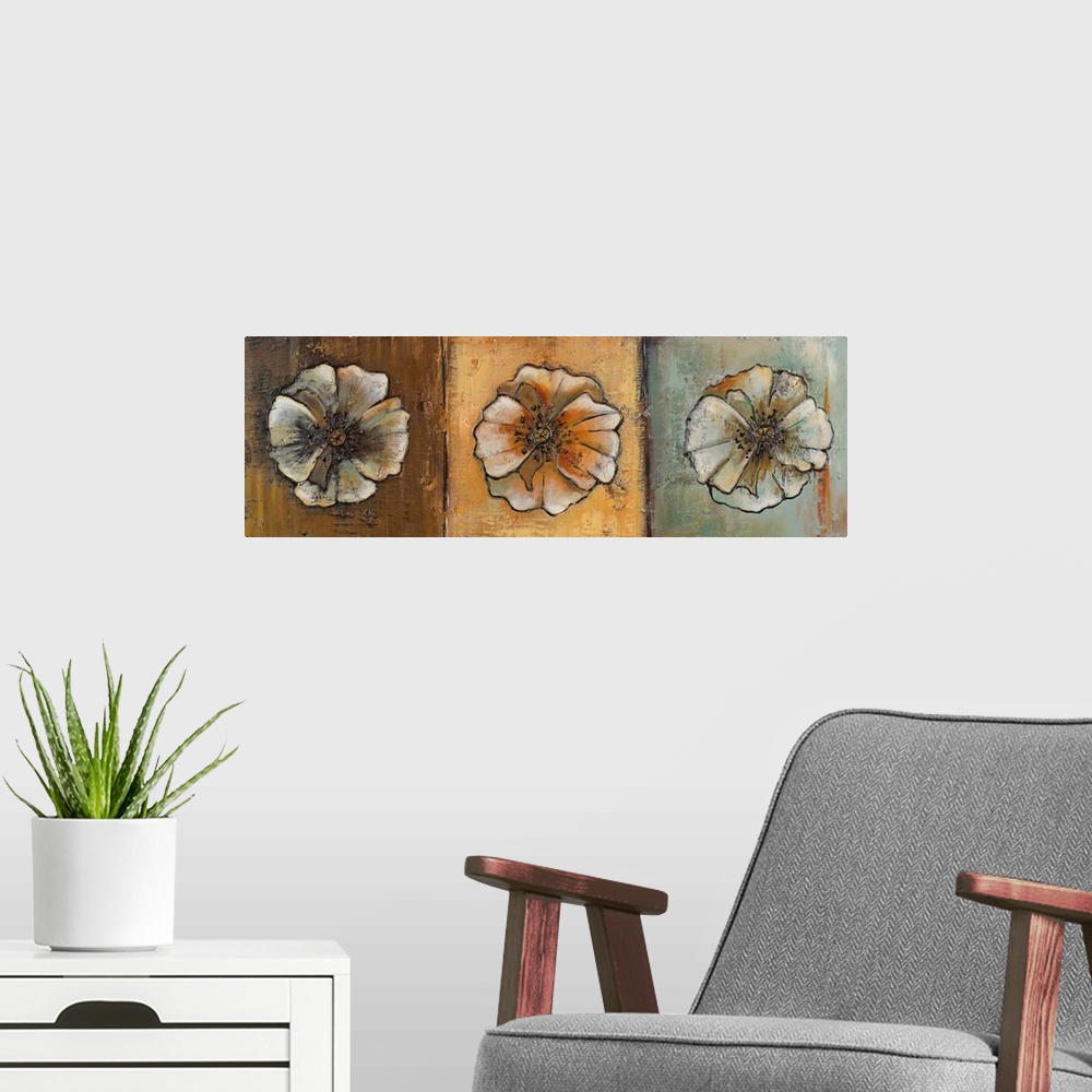 A modern room featuring Oil painting of three round flowers in sepia tones, arranged in a row, giving the impression of a...