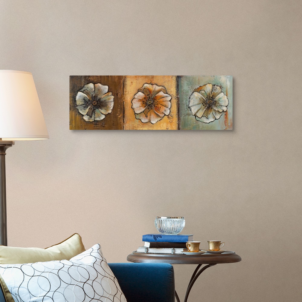 A traditional room featuring Oil painting of three round flowers in sepia tones, arranged in a row, giving the impression of a...